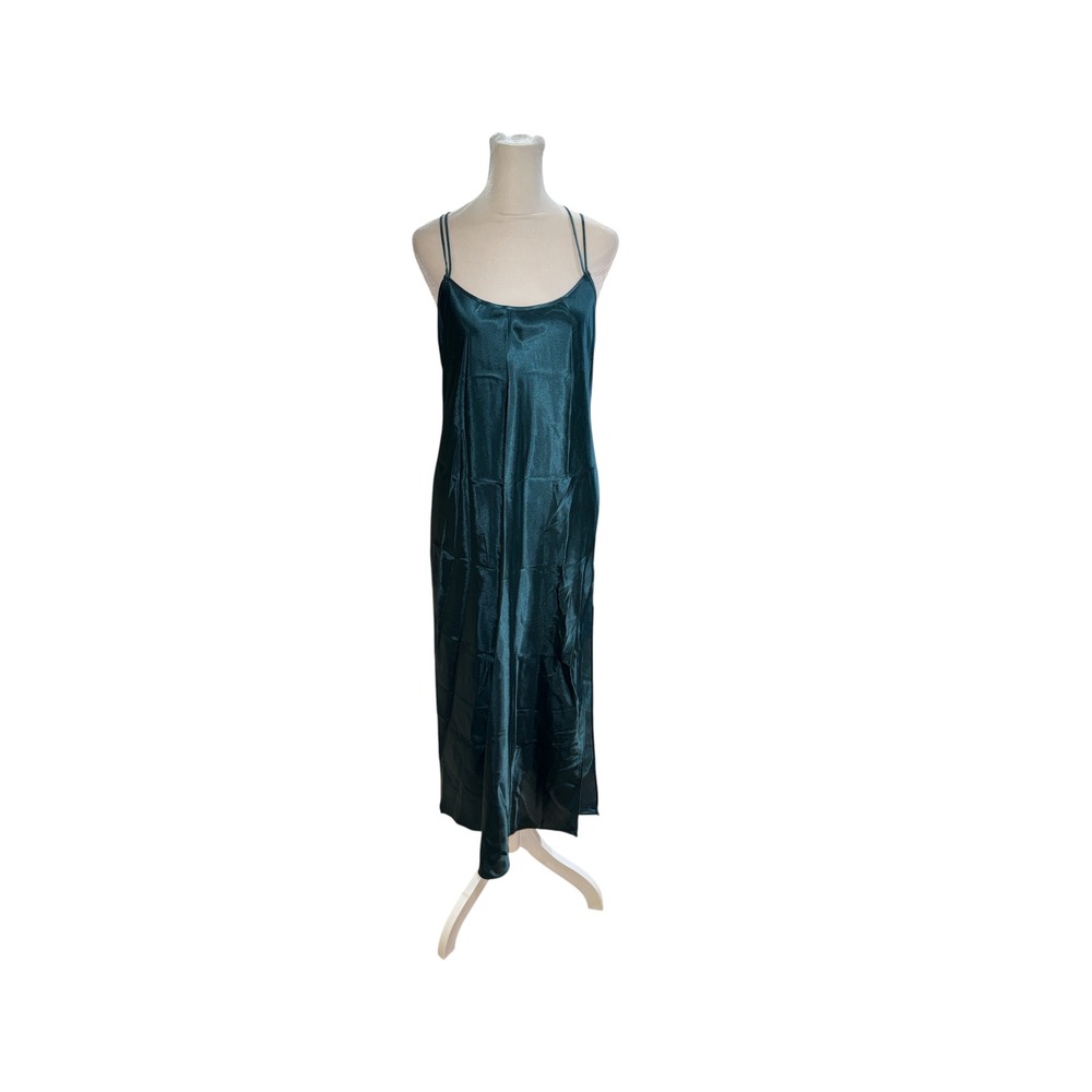 California Dynasty Vintage Emerald Green Satin Strappy Back Nightgown Large 90s